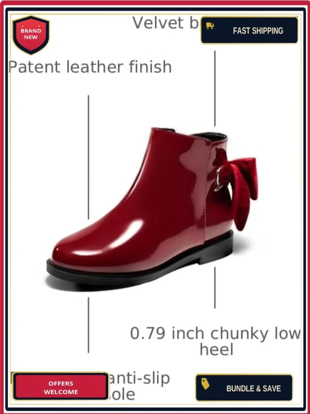 Girls Ankle Boots Chunky Low Heel Side Zipper Dress Booties with Bow